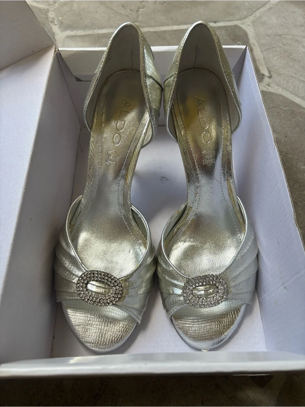 ALDO Silver Open-Toe D'Orsay Heels with Crystal Buckle